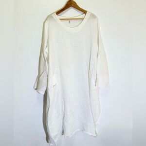 SAGA - White Linen Tunic Dress with round neck and pockets - One Size